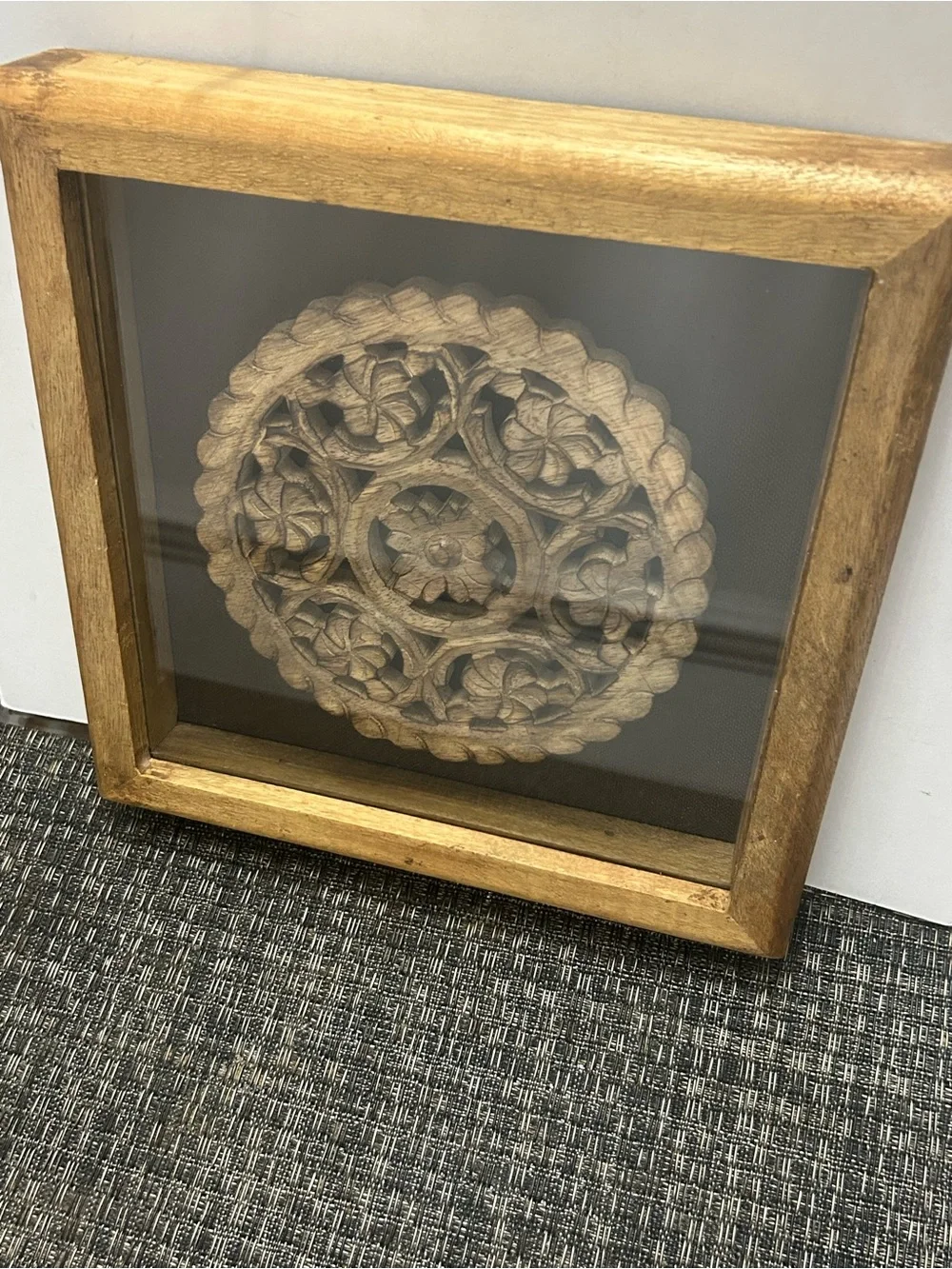 Hand Carved Wood Fretwork Framed Shadow Box Wall Art Medallion Decor